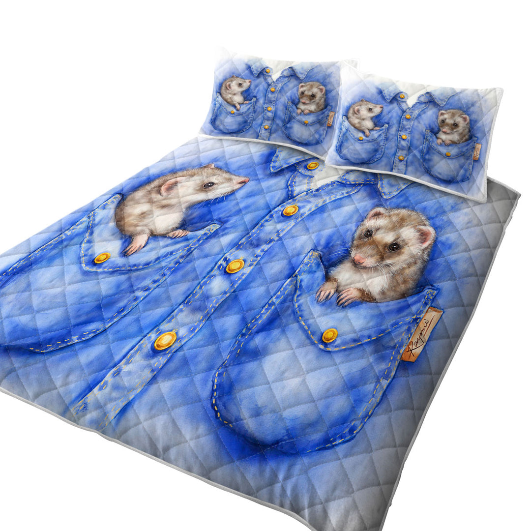 Kids Adorable Animal Drawings Pocket Ferrets Quilt