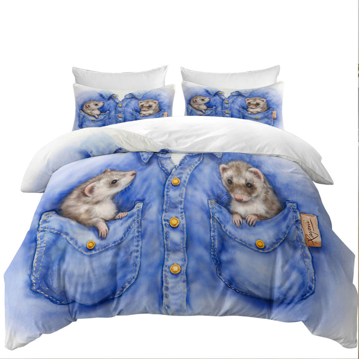 Kids Adorable Animal Drawings Pocket Ferrets full Size Duvet Cover
