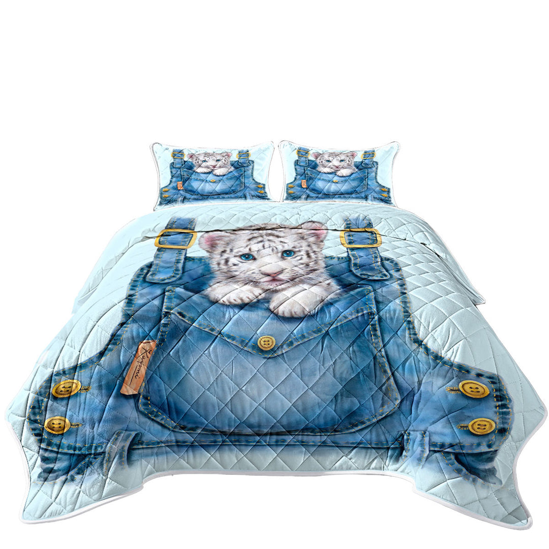 Kids Adorable Animal Drawings Pocket White Tiger Coverlets