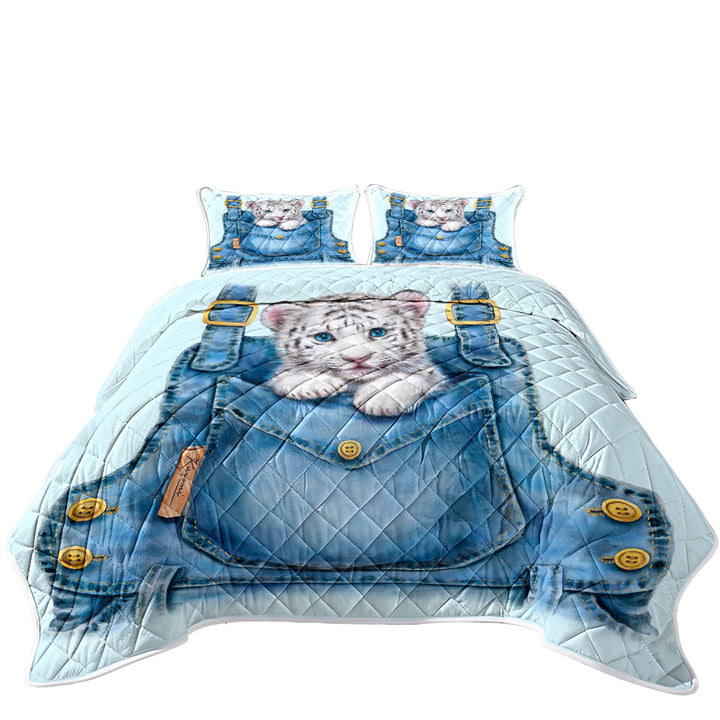 Kids Adorable Animal Drawings Pocket White Tiger Coverlets