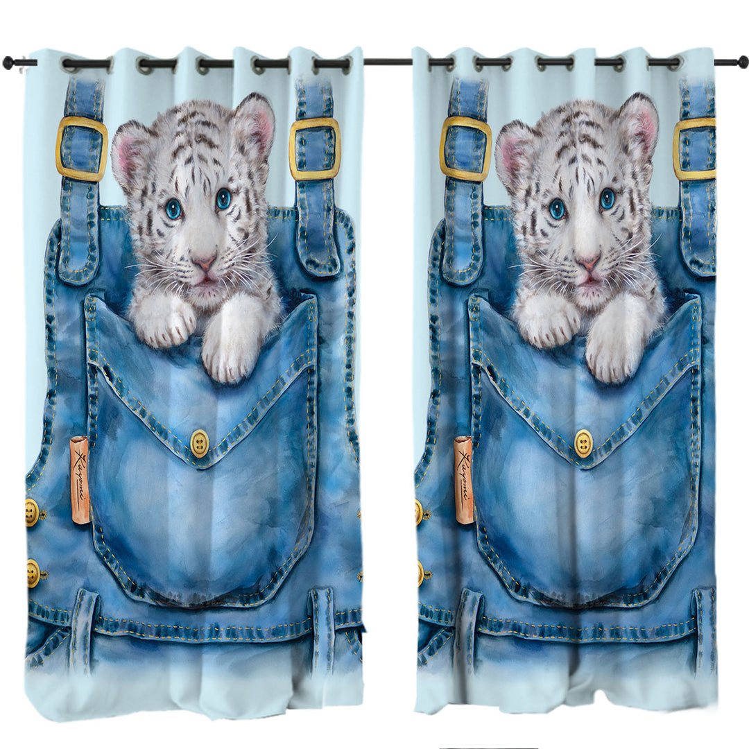 Kids Adorable Animal Drawings Pocket White Tiger Drapery