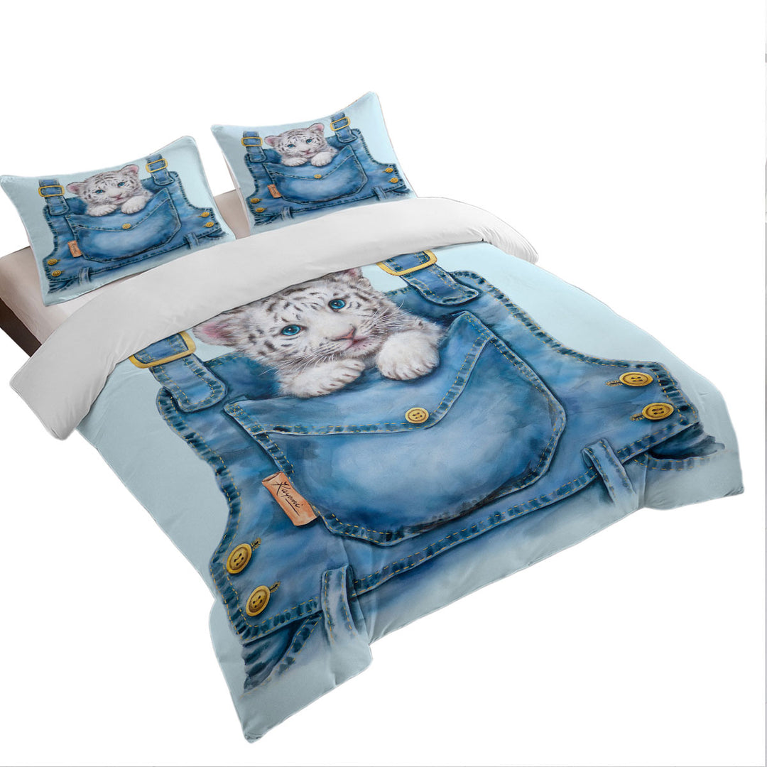Kids Adorable Animal Drawings Pocket White Tiger Duvet Cover sale