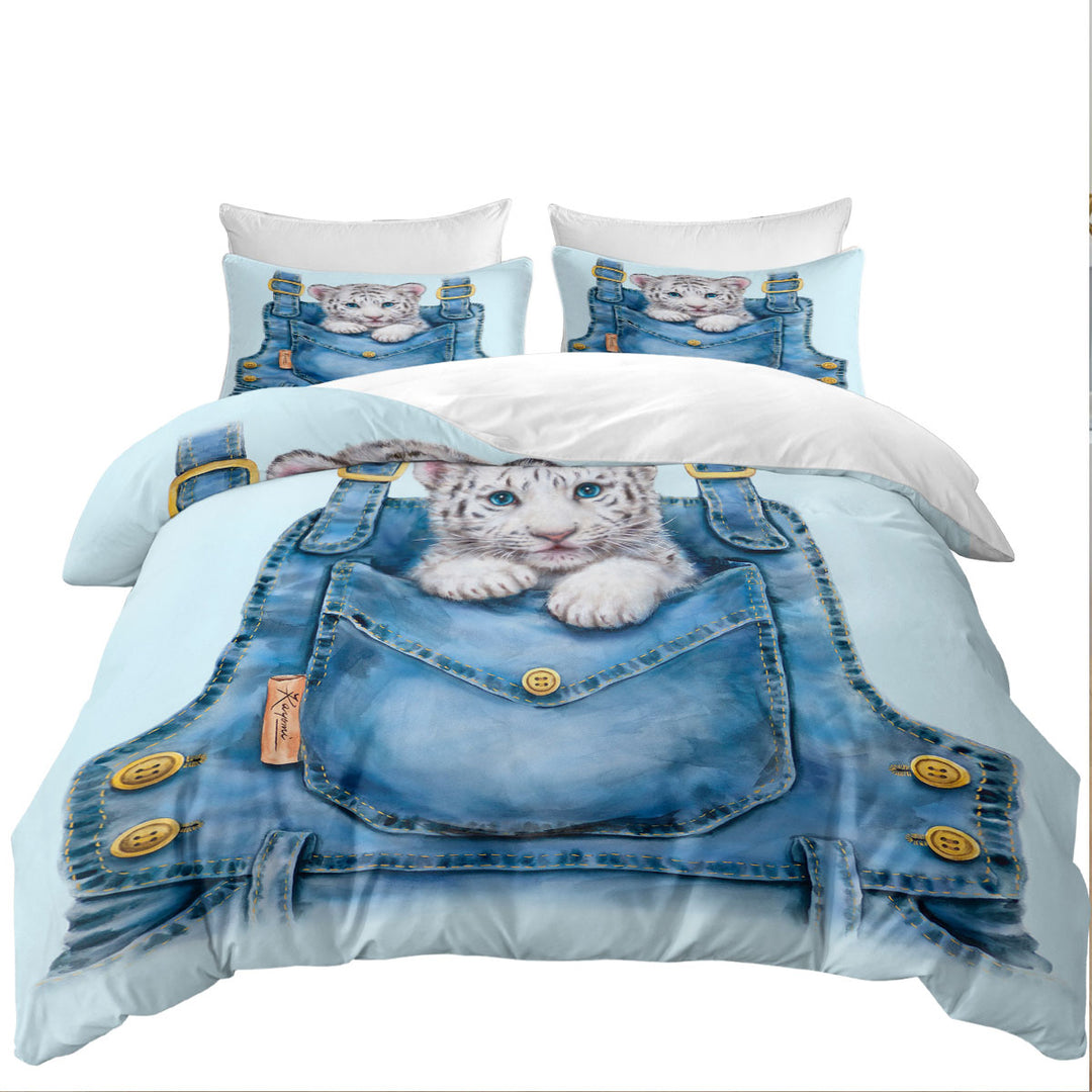 Kids Adorable Animal Drawings Pocket White Tiger Duvet Cover set