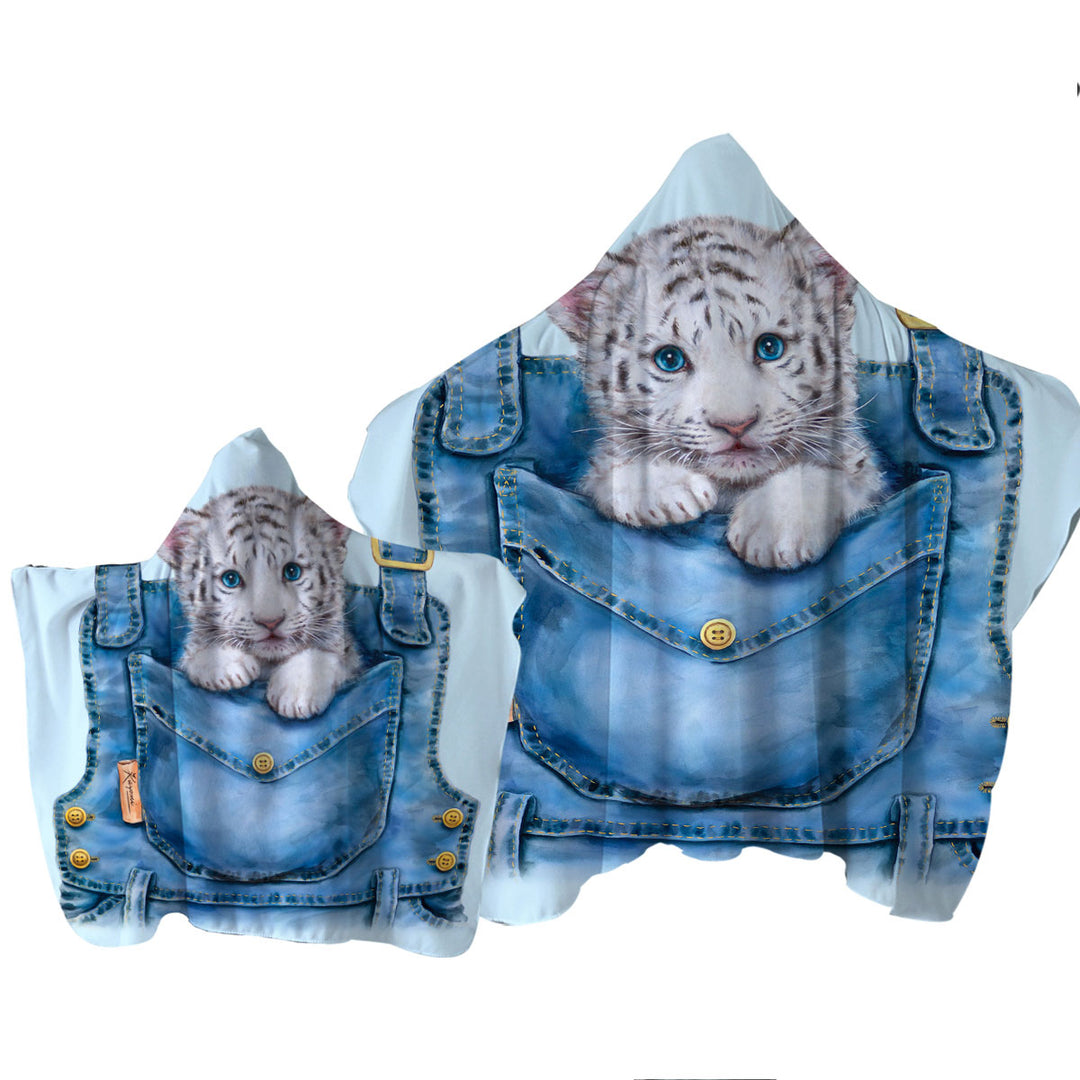 Kids Adorable Animal Drawings Pocket White Tiger Hooded Beach Towel