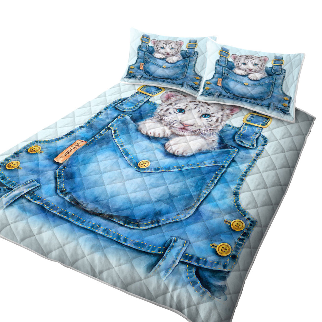 Kids Adorable Animal Drawings Pocket White Tiger Quilts for Beds