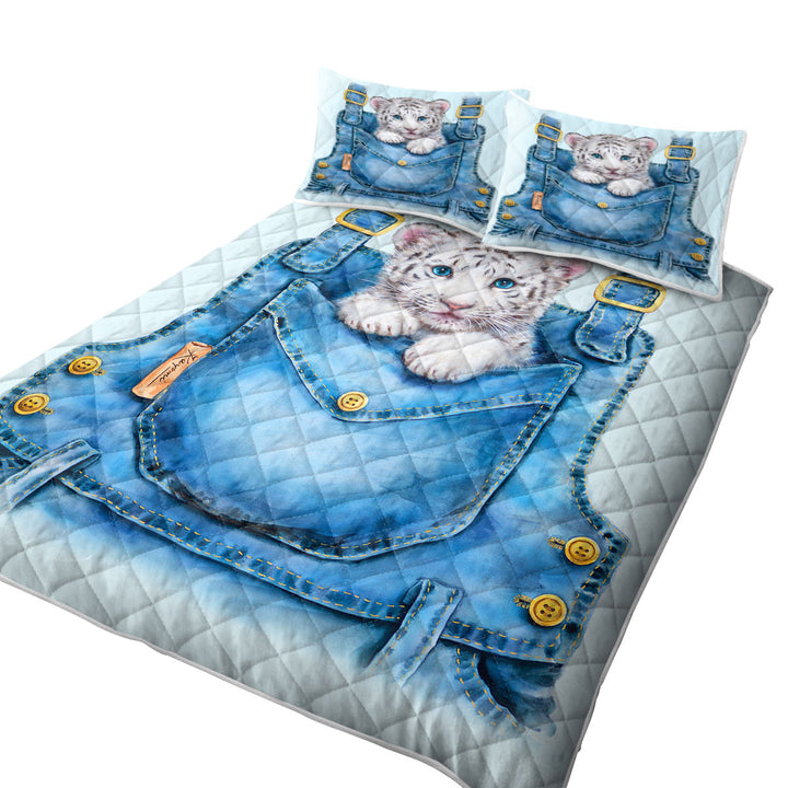 Kids Adorable Animal Drawings Pocket White Tiger Quilts for Beds