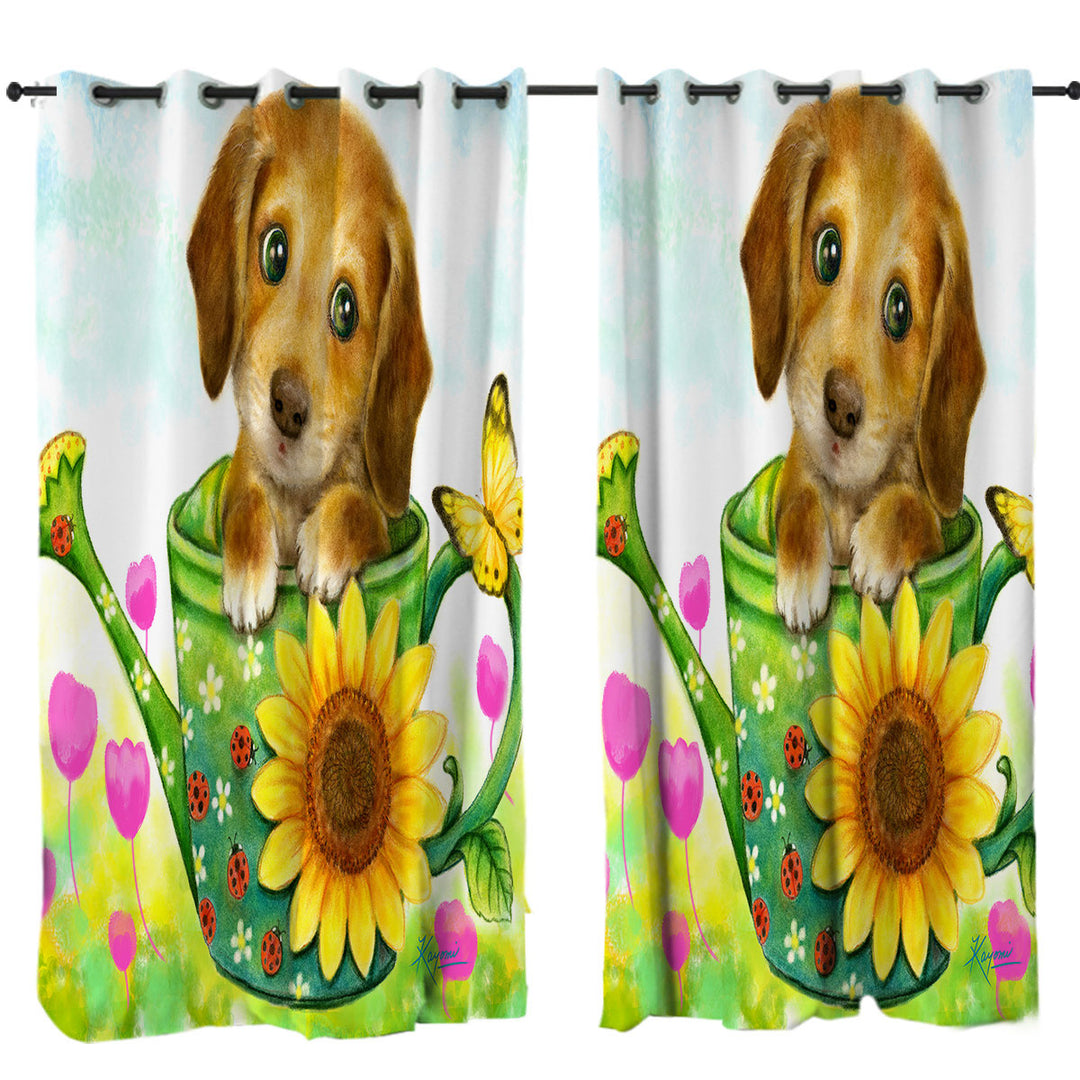 Kids Animal Dogs Art Cute Dachshund in Garden Window Curtains