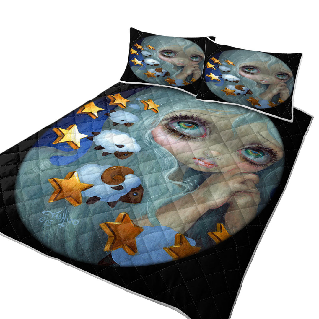 Kids Art Sleepy Night Girl Counting Sheep Quilt