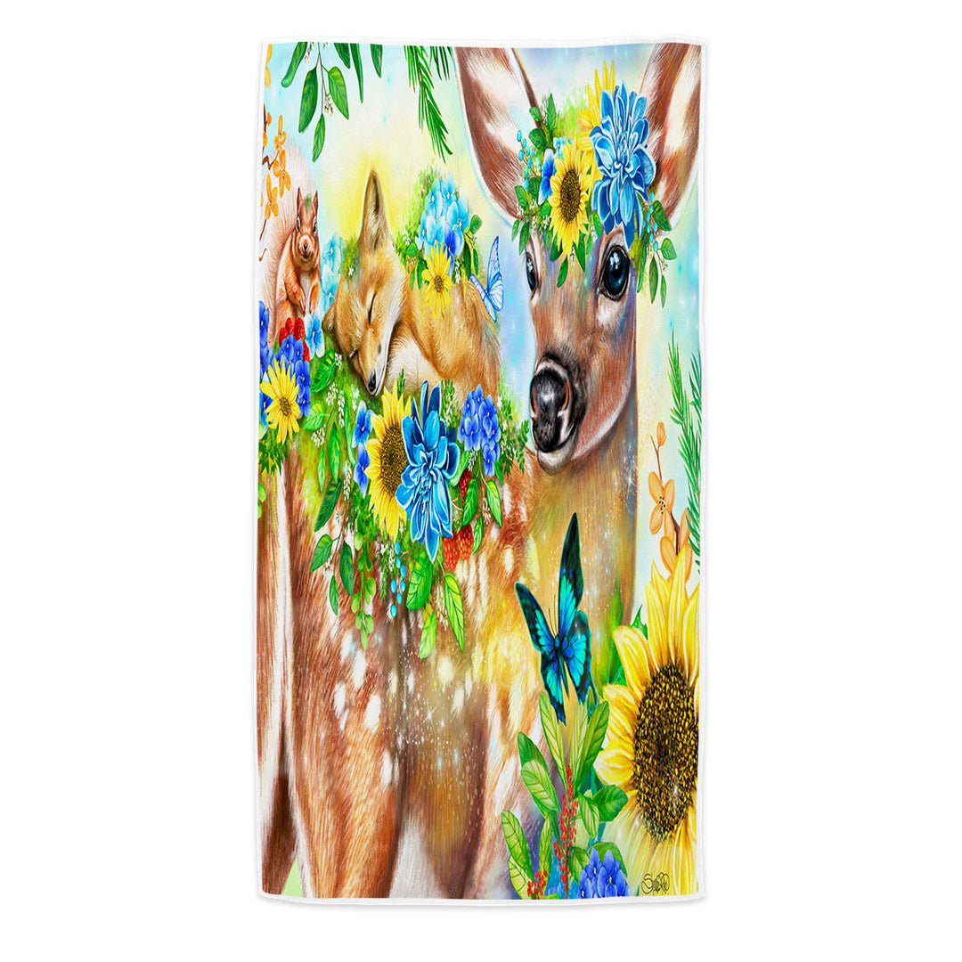 Kids Beach Towels Forest Fawn Deer and Fox Squirrel Friends