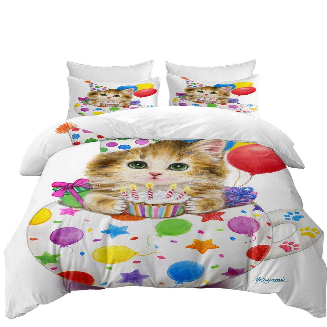 Kids Cat Art Drawings the Cute Cup Kitty Birthday Oversized King Duvet Cover