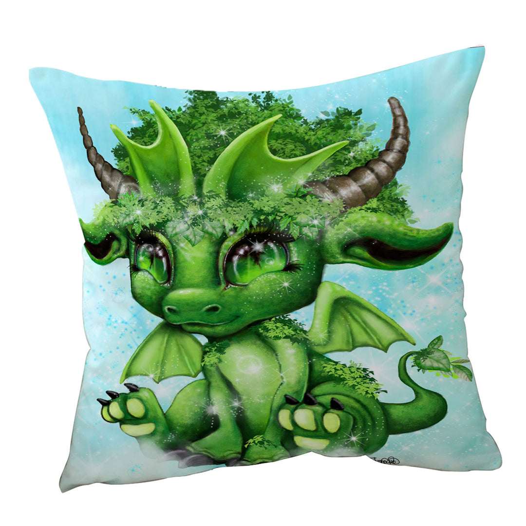 Kids Cushions Cute Fantasy Creature Green Leaf Lil Dragon