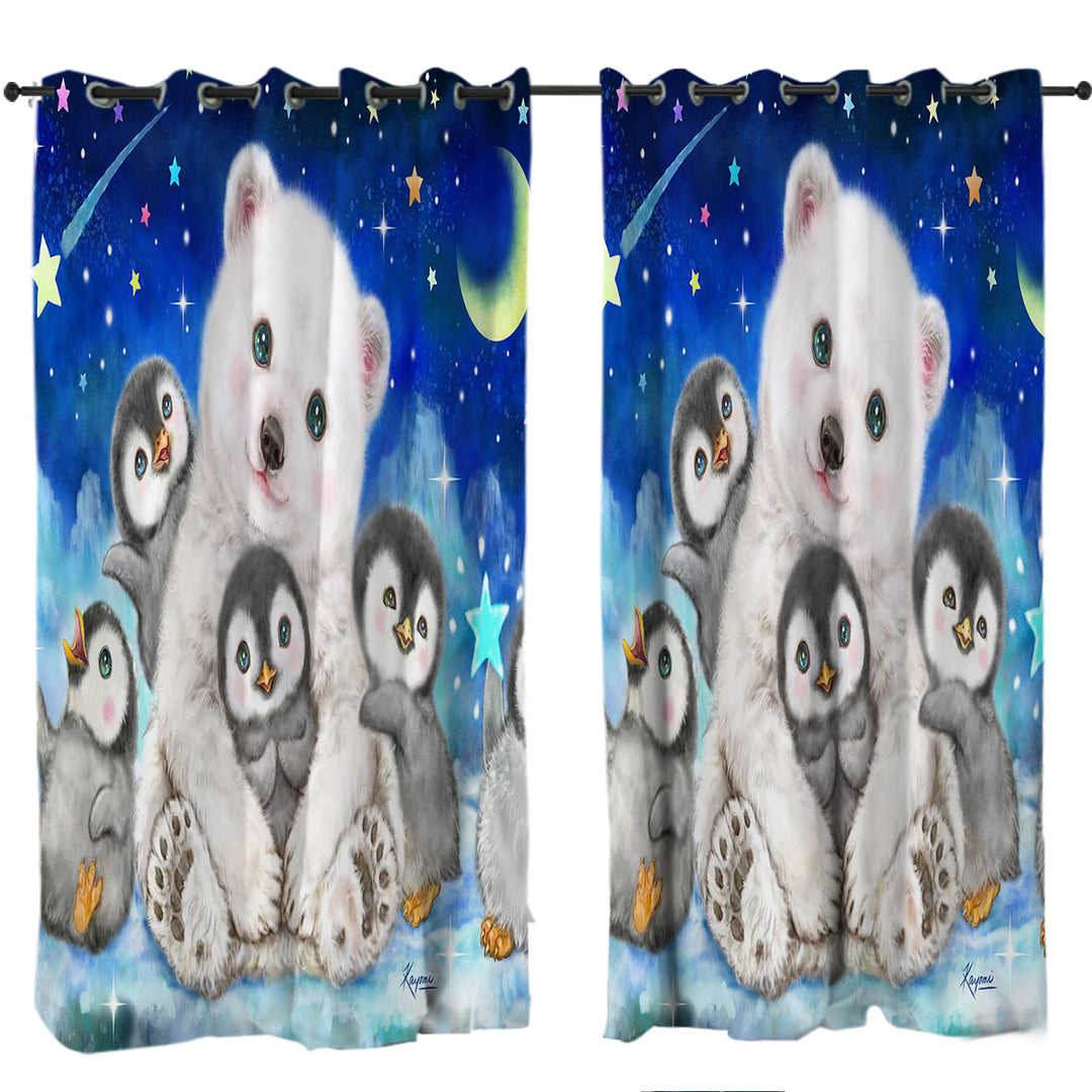 Kids Cute Animal Drawings Polar Bear and Penguins Drapes for Living Room