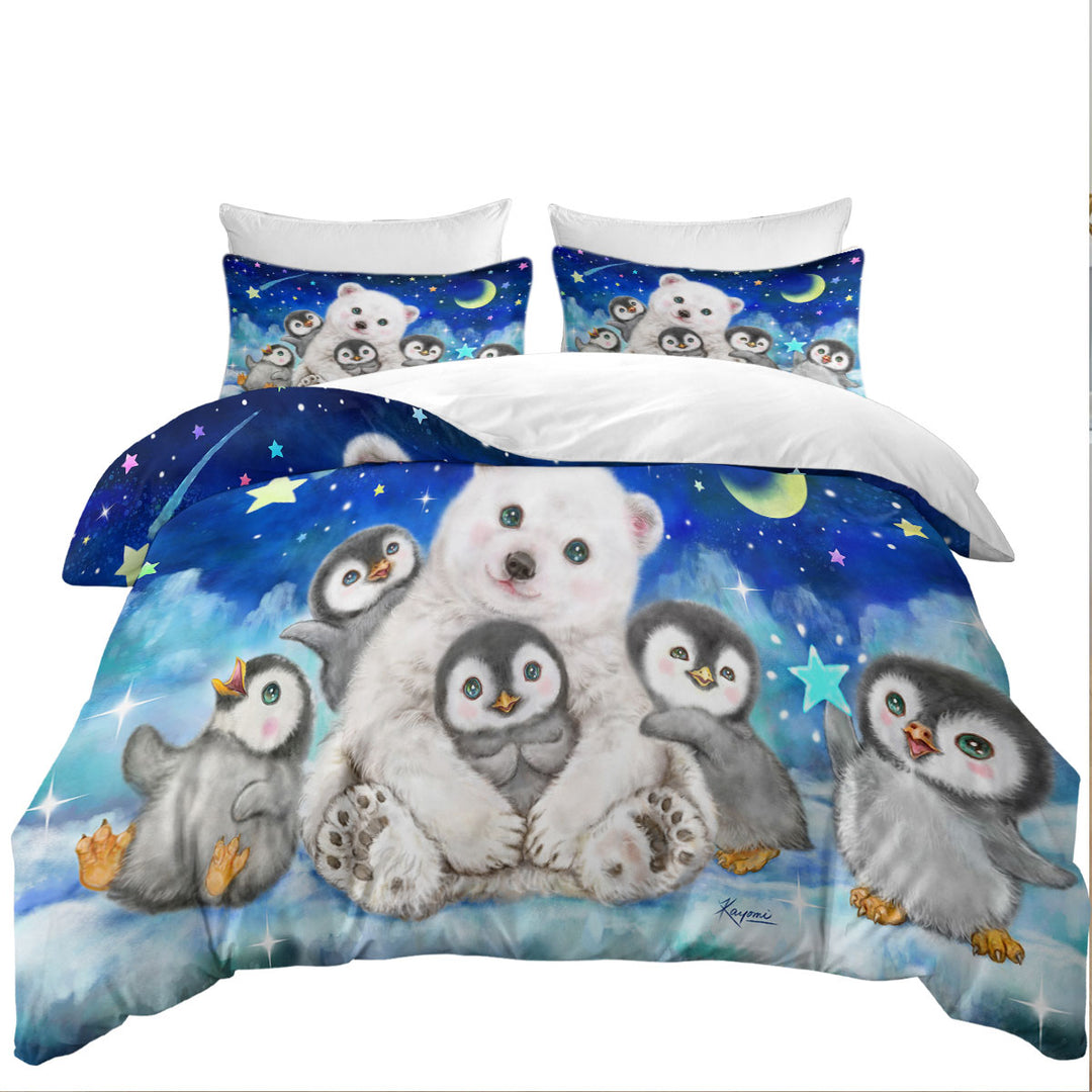 Kids Cute Animal Drawings Polar Bear and Penguins Duvet Cover sale