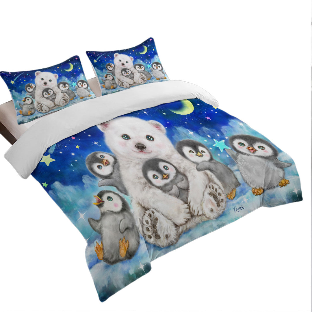 Kids Cute Animal Drawings Polar Bear and Penguins Quilt Cover