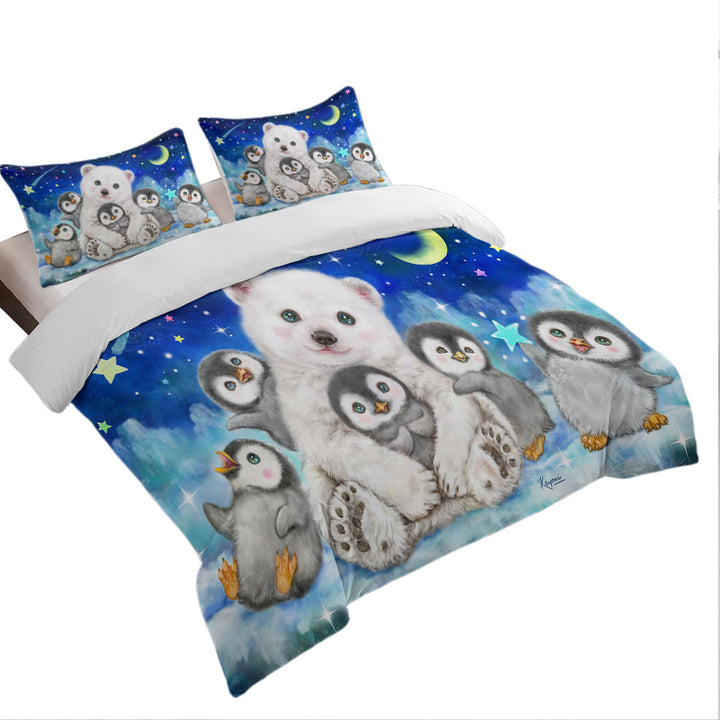 Kids Cute Animal Drawings Polar Bear and Penguins Quilt Cover