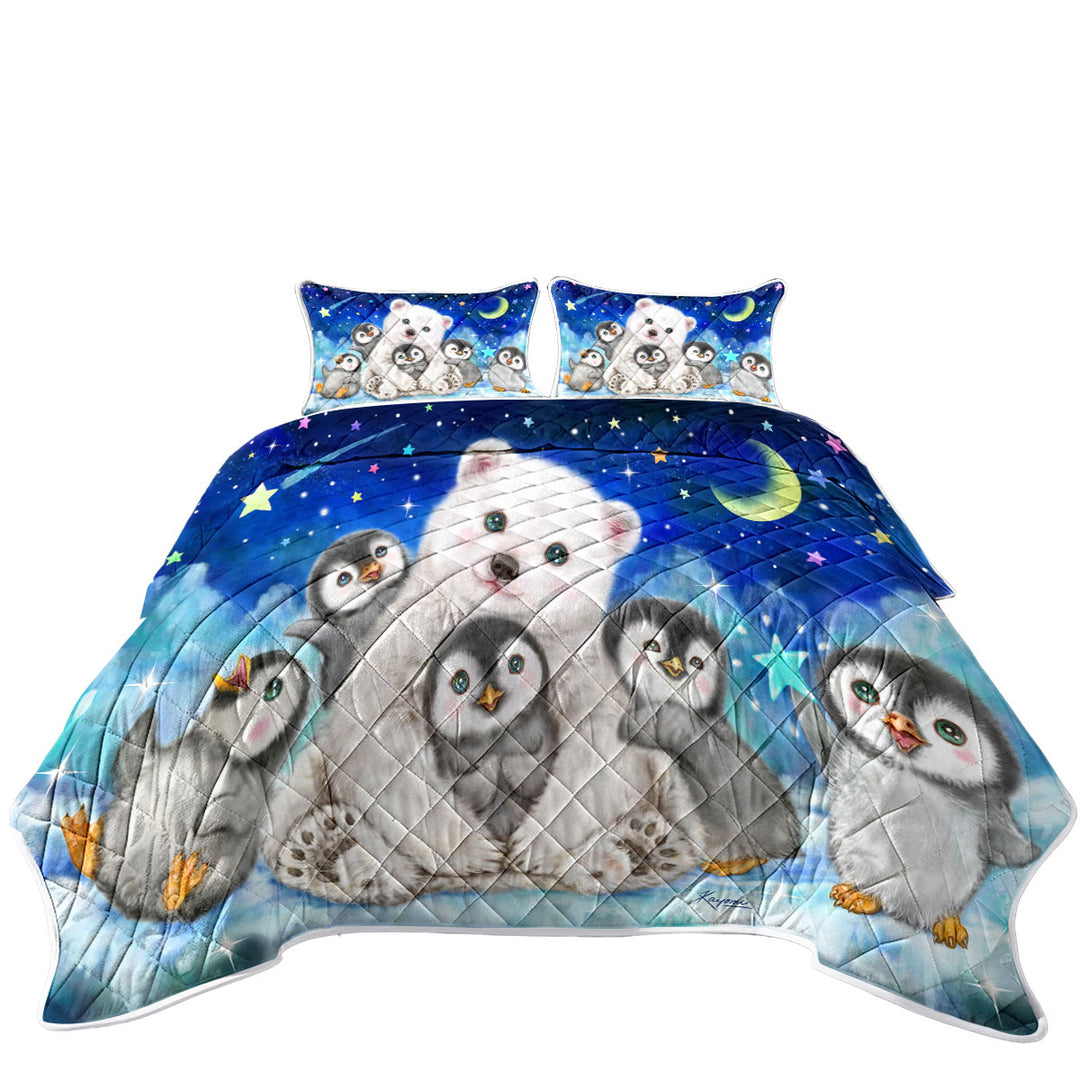 Kids Cute Animal Drawings Polar Bear and Penguins Quilts for Beds