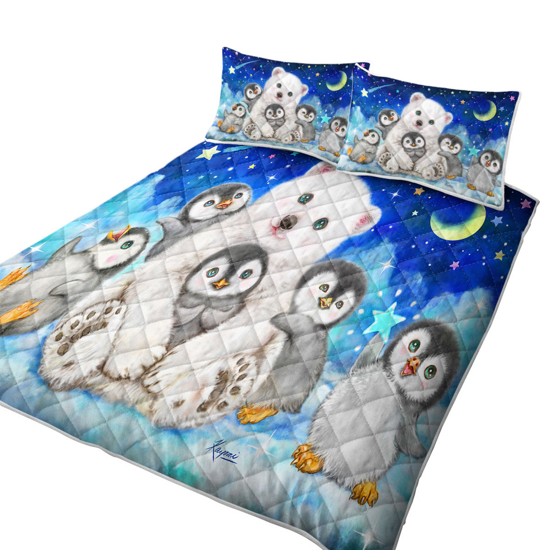 Kids Cute Animal Drawings Polar Bear and Penguins Quilts