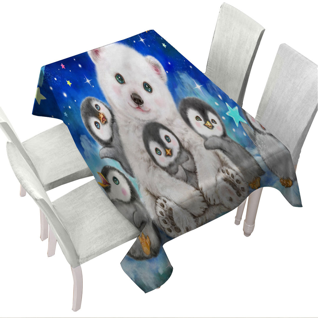 Kids Cute Animal Drawings Polar Bear and Penguins Tablecloths
