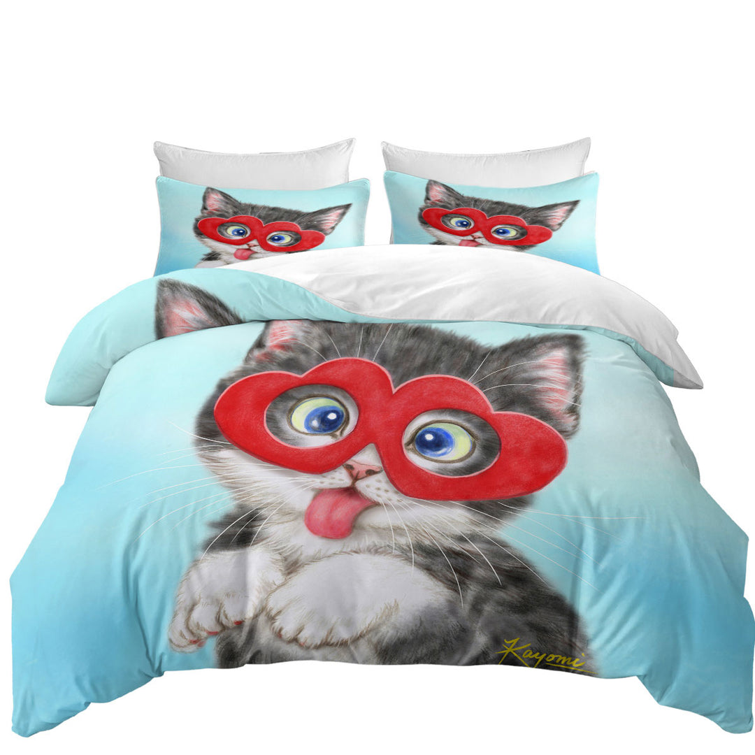 Kids Cute Silly Kitten Wearing Heart Glasses Coverlet