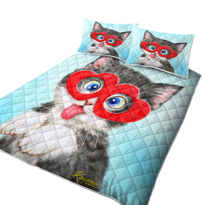 Kids Cute Silly Kitten Wearing Heart Glasses Quilts for Beds