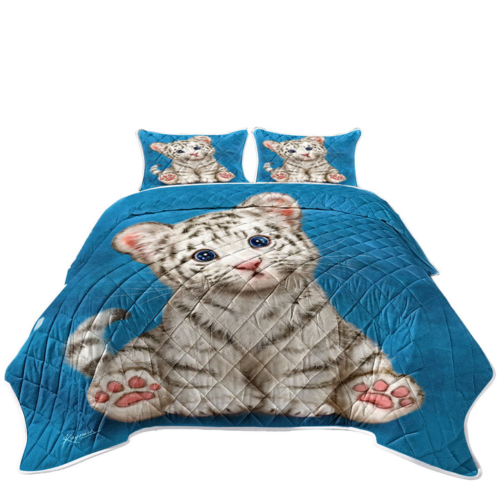 Kids Design Baby Blue Eyes White Tiger Cub King Size Quilt