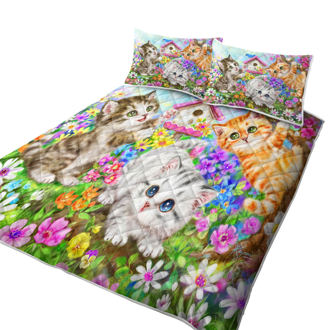 Kids Designs Cute Bird House and Cats Kittens California King Quilt Sets