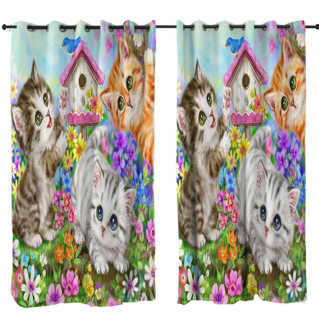 Kids Designs Cute Bird House and Cats Kittens Drapes