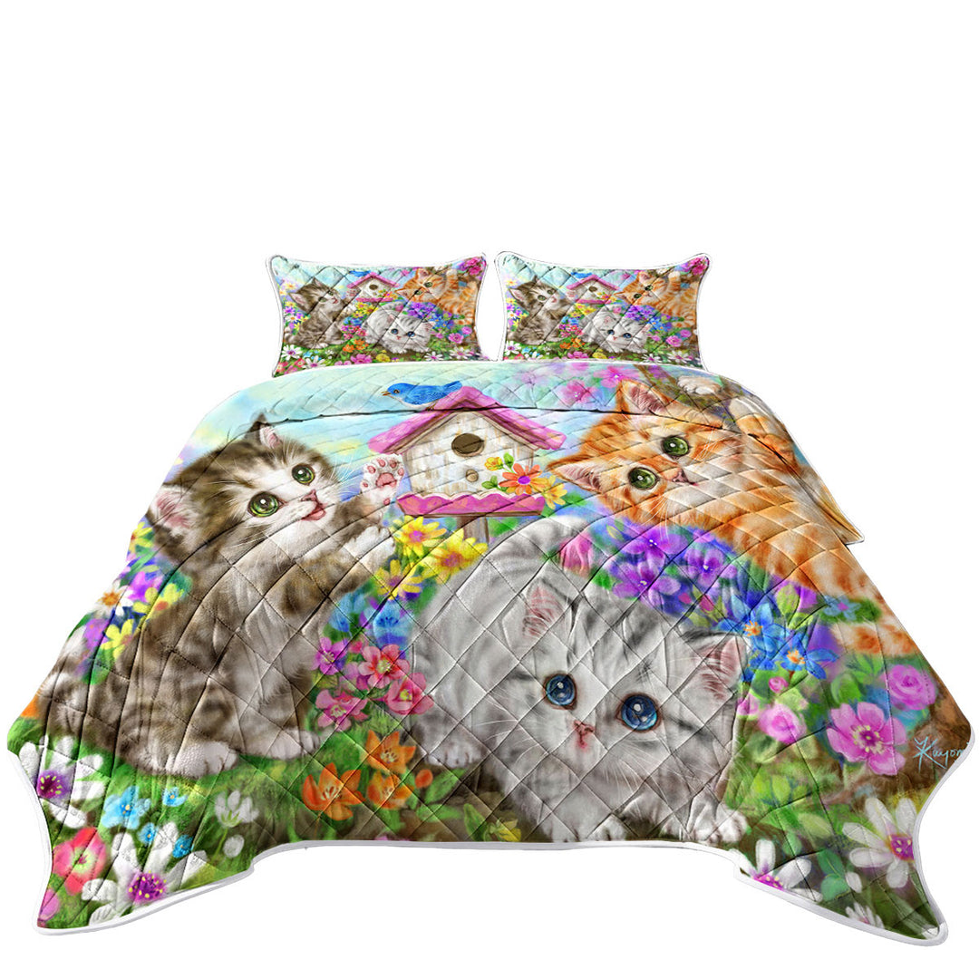 Kids Designs Cute Bird House and Cats Kittens Quilt