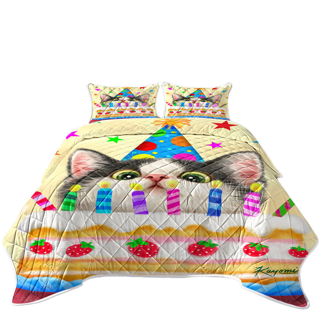 Kids Designs Cute Birthday Cake Kitten Cat California King Quilt Sets
