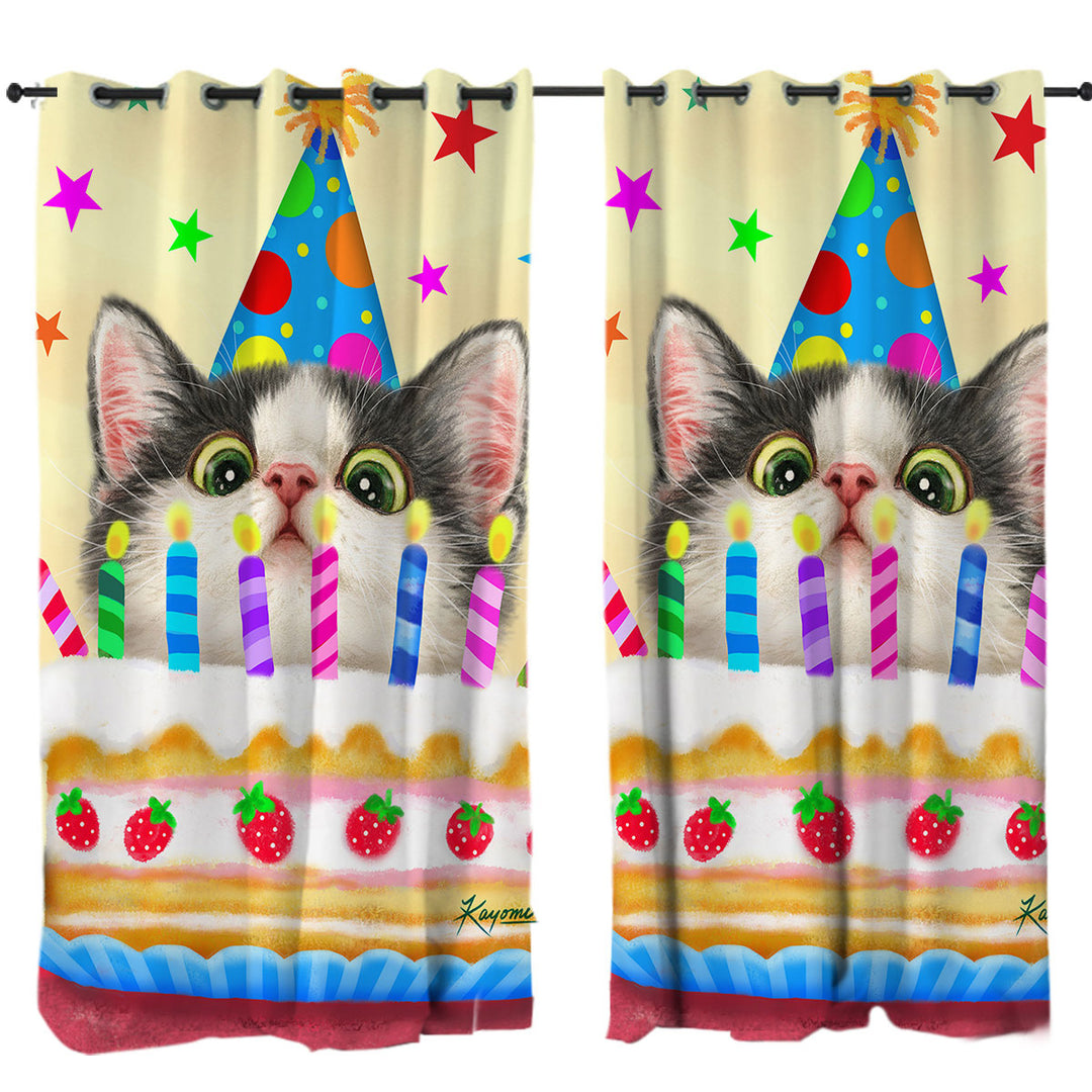 Kids Designs Cute Birthday Cake Kitten Cat Curtains for Bedroom