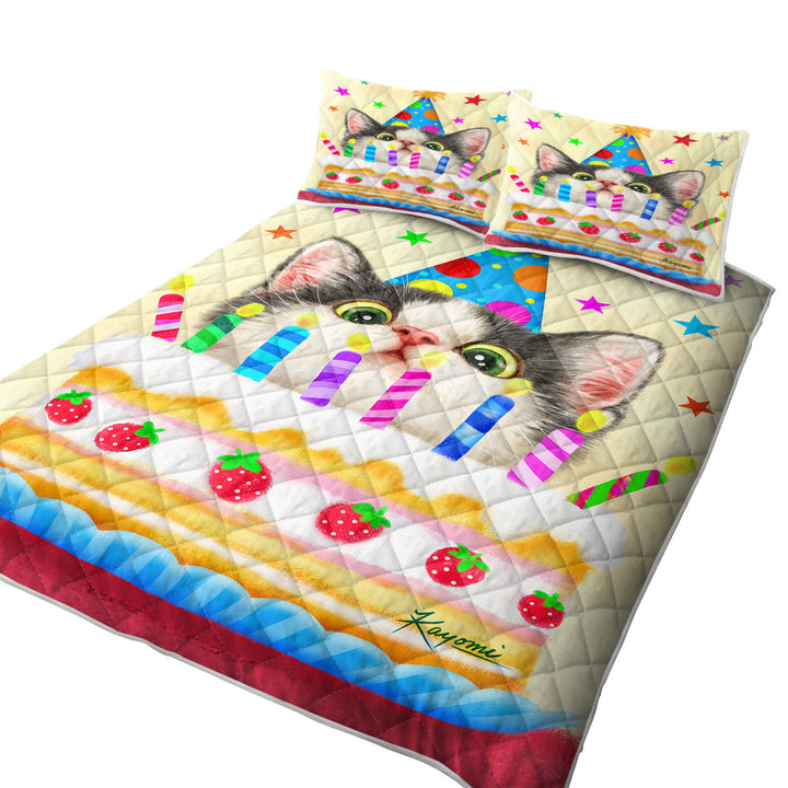 Kids Designs Cute Birthday Cake Kitten Cat King Size Quilt Sets