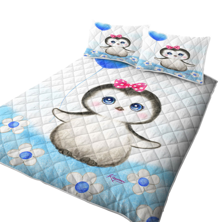 Kids Drawing Design Penguin Heart Balloon California King Quilt Sets