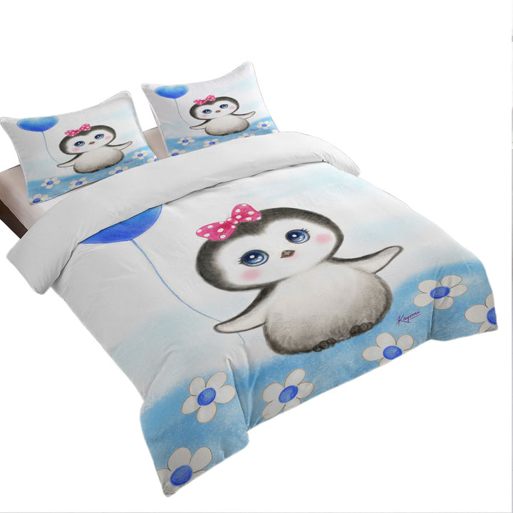 Kids Drawing Design Penguin Heart Balloon King Quilt Cover