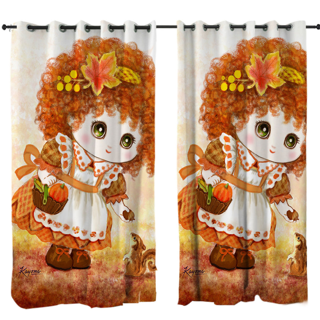 Kids Drawings Autumn Orange Girl and Squirrel Curtain