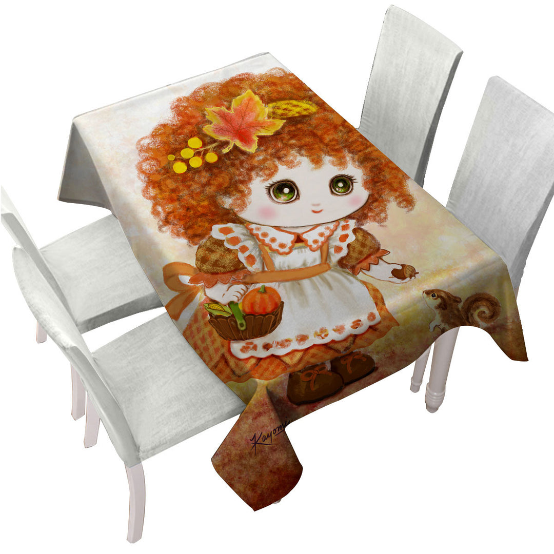 Kids Drawings Autumn Orange Girl and Squirrel Custom table Covers