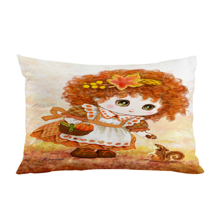 Kids Drawings Autumn Orange Girl and Squirrel Pillowcases