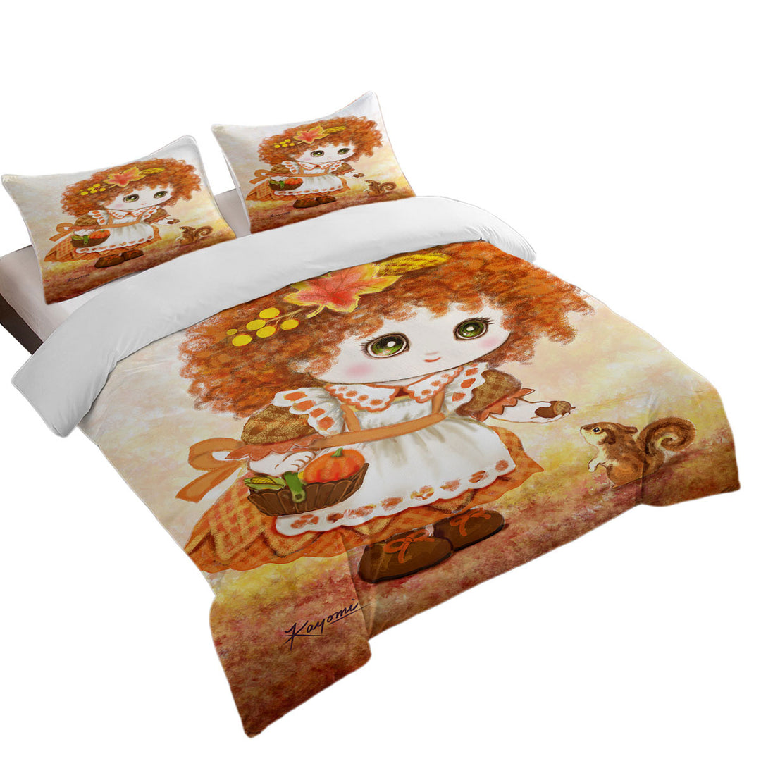Kids Drawings Autumn Orange Girl and Squirrel Queen Size Duvet Cover