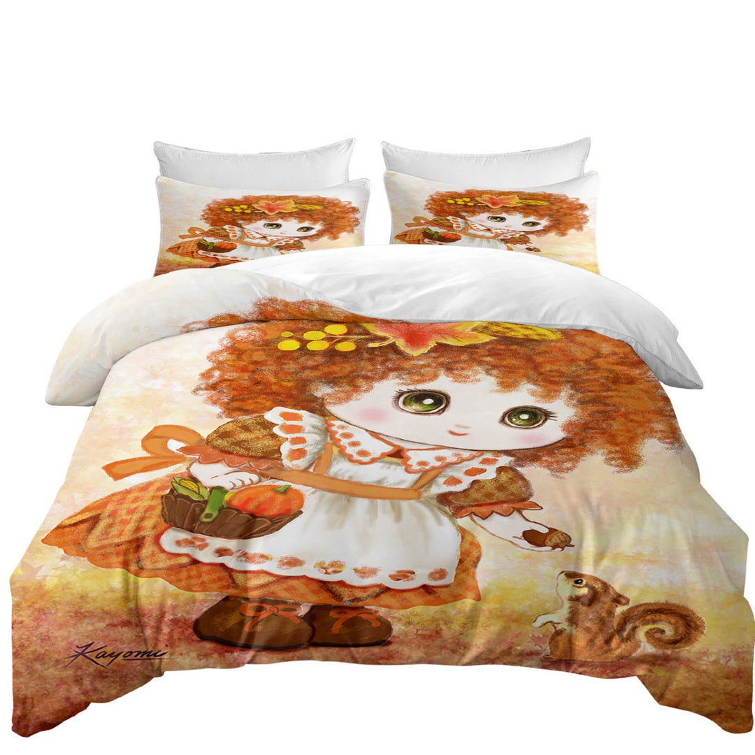 Kids Drawings Autumn Orange Girl and Squirrel Twin Duvet Covers