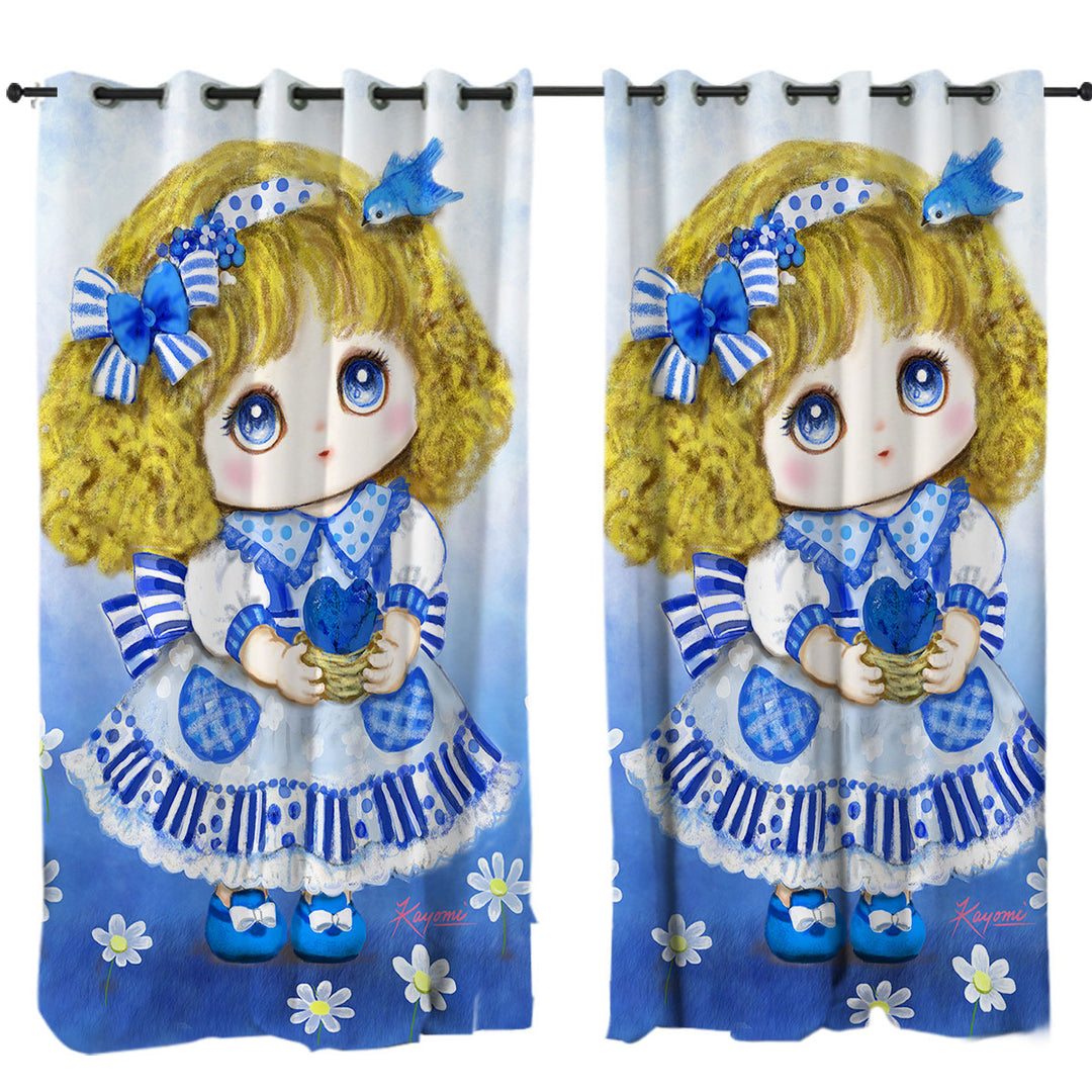 Kids Drawings Blue Girl and Daisy Flowers Curtains