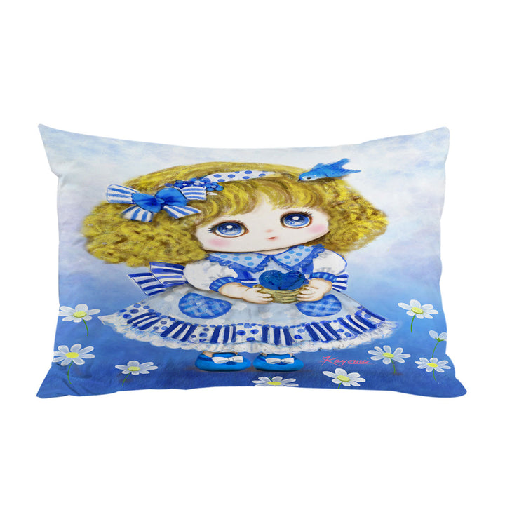 Kids Drawings Blue Girl and Daisy Flowers Pillowcase