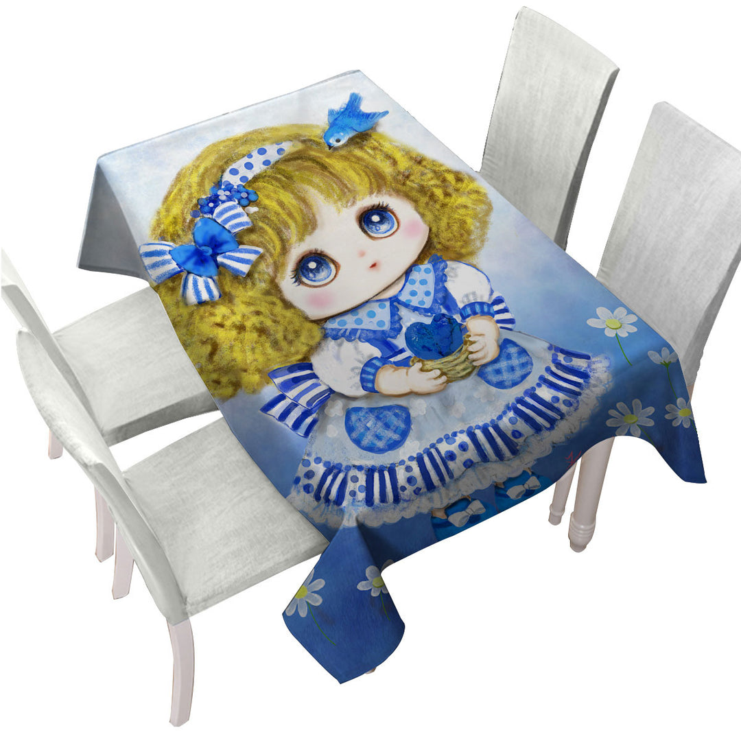 Kids Drawings Blue Girl and Daisy Flowers Tablecloth