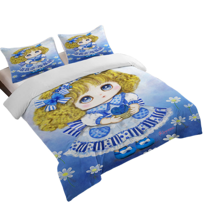 Kids Drawings Blue Girl and Daisy Flowers Twin Duvet Covers