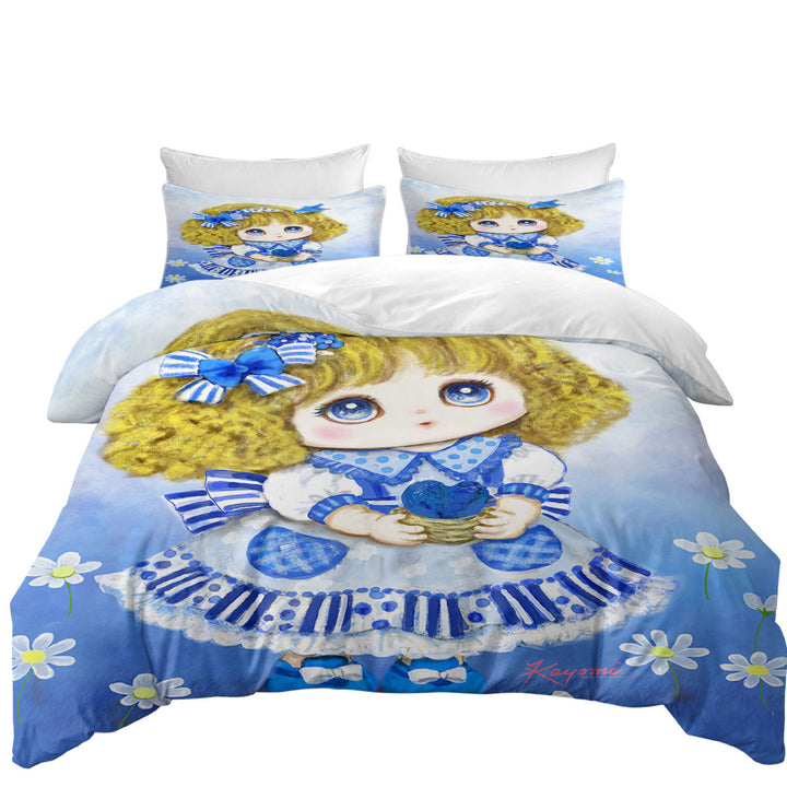 Kids Drawings Blue Girl and Daisy Flowers Twin xl Duvet Covers