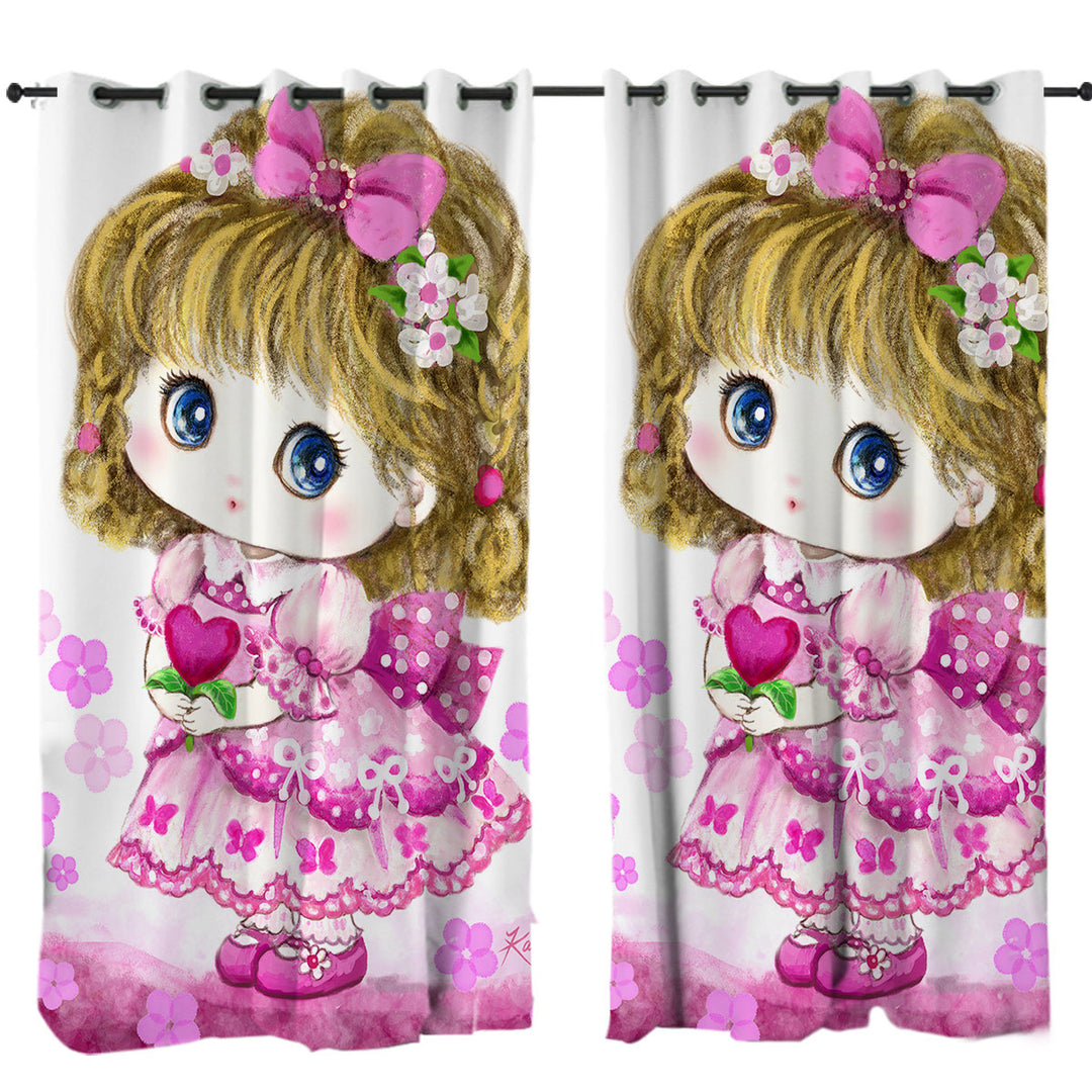 Kids Drawings Pink Girl Heart and Flowers Drapes and Curtains