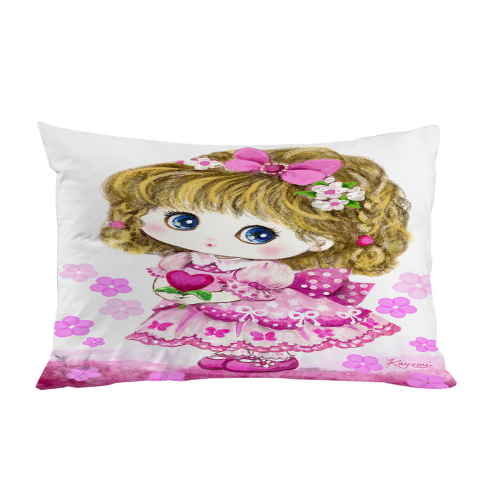 Kids Drawings Pink Girl Heart and Flowers Pillow Cases