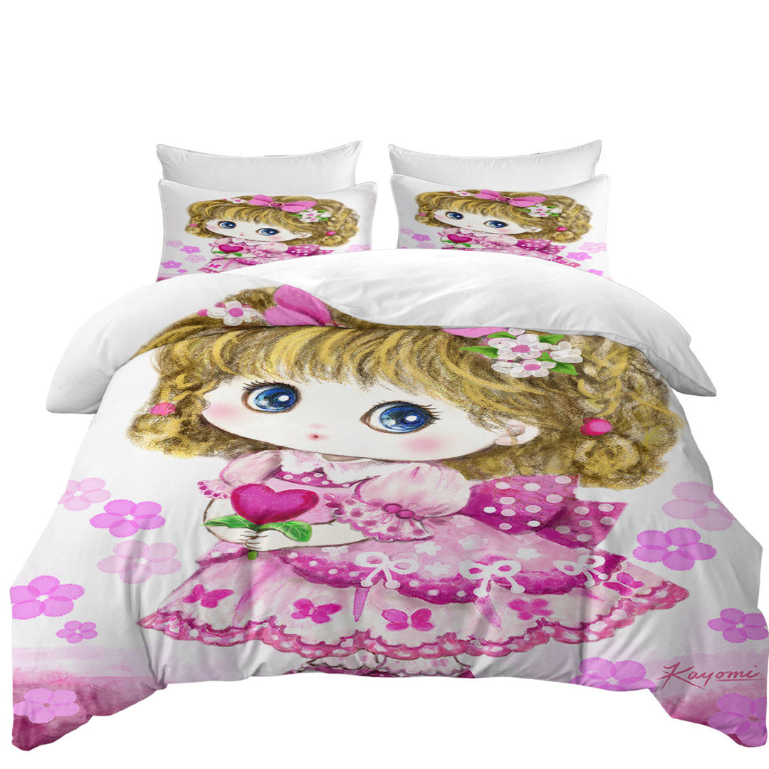 Kids Drawings Pink Girl Heart and Flowers Queen Size Duvet Cover