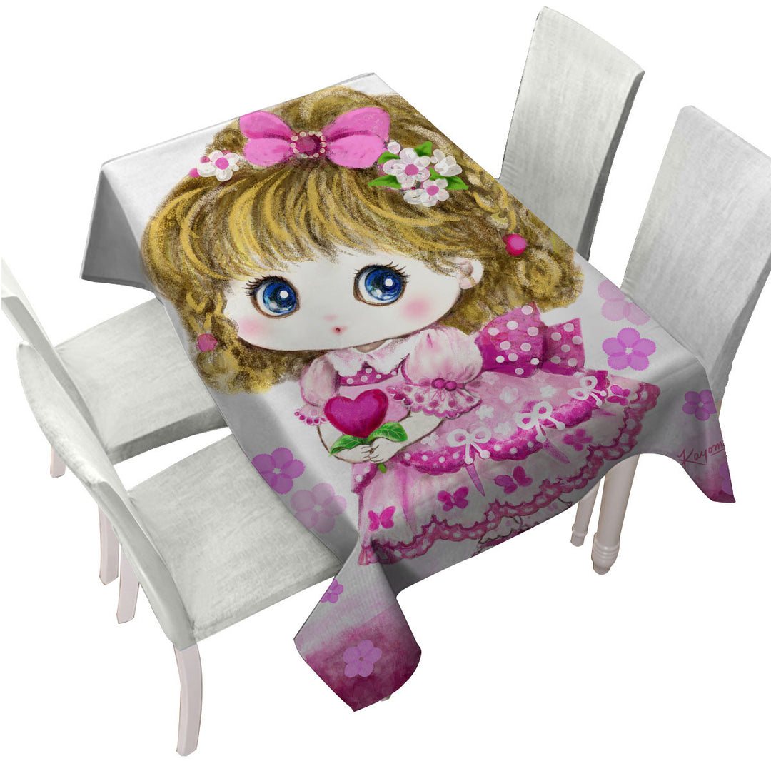 Kids Drawings Pink Girl Heart and Flowers Table Cover