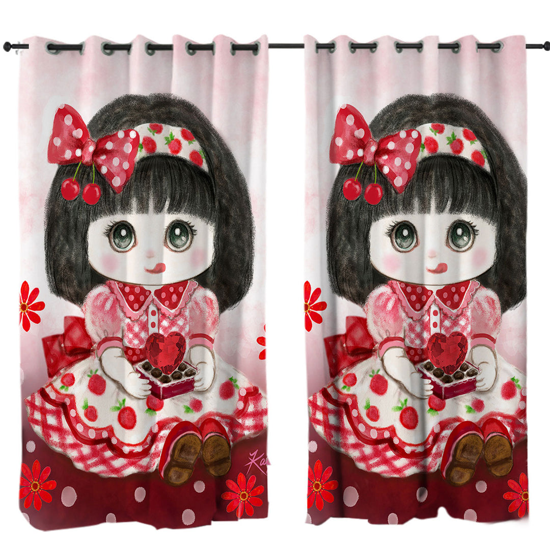 Kids Drawings Red Girl Heart and Flowers Drapery