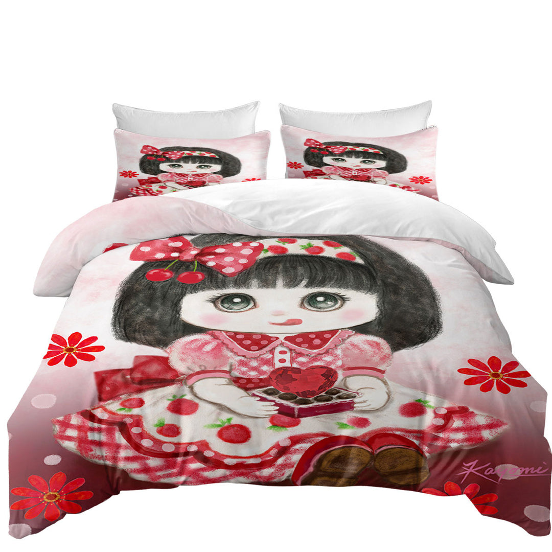 Kids Drawings Red Girl Heart and Flowers Oversized King Duvet Cover