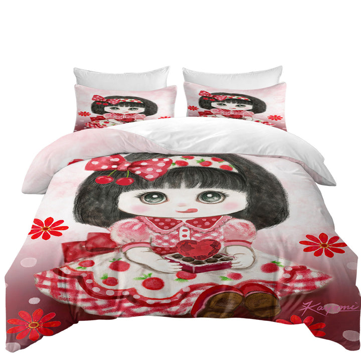Kids Drawings Red Girl Heart and Flowers Oversized King Duvet Cover
